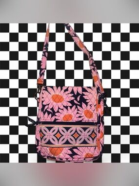Vera Bradley Pink Floral Small Messenger Crossbody Bag with Orange Accents
